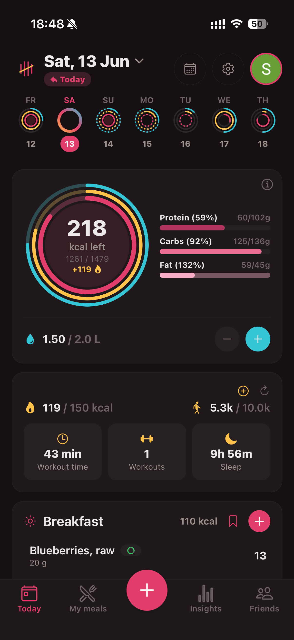 The TummyTally Today screen: a large calorie ring with water and exercise rings, and protein, carbs and fat bars.