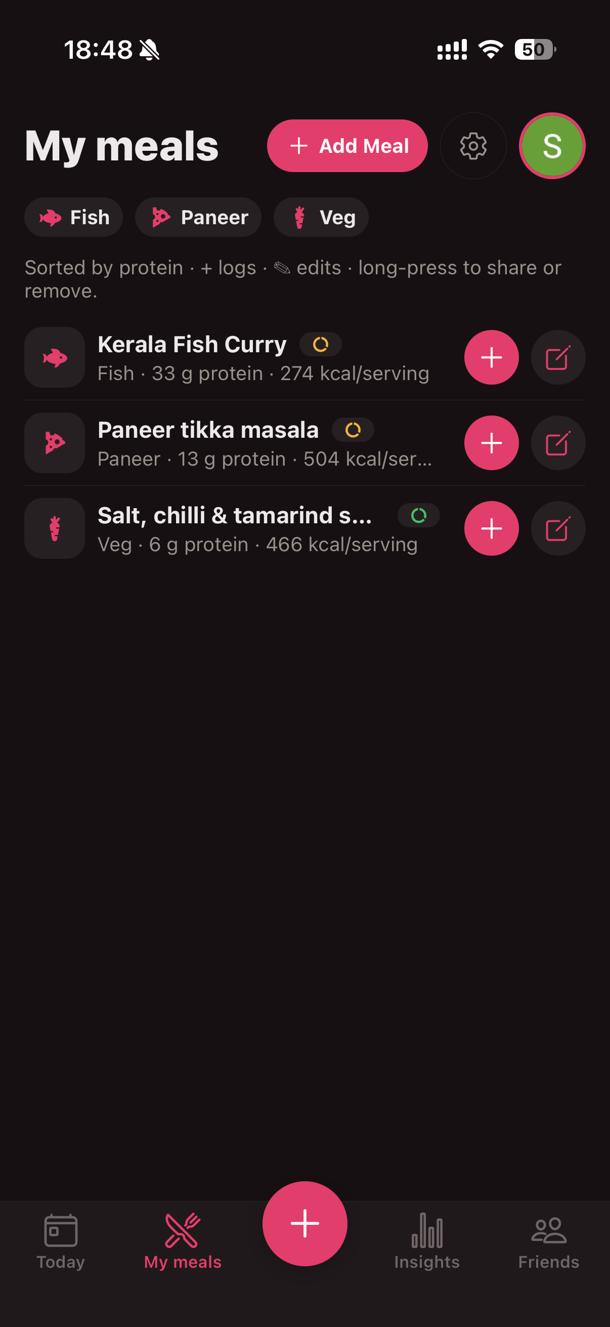 The My meals screen listing saved meals like Kerala Fish Curry and Paneer tikka masala, sorted by protein.